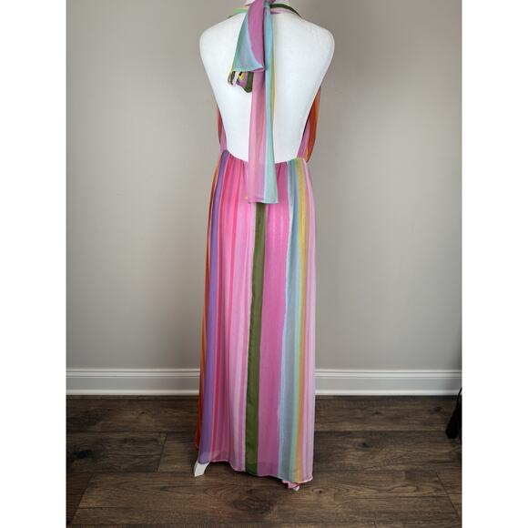 MNG by Mango Rainbow Striped Halter Maxi Dress Tie V-neck Sz 6 - Picture 5 of 11